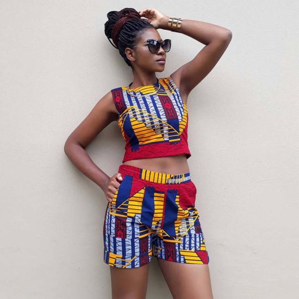 Beautiful Colorful African 2Pc Outfit Sleeveless Crop Top & Short W/ Pockets Set